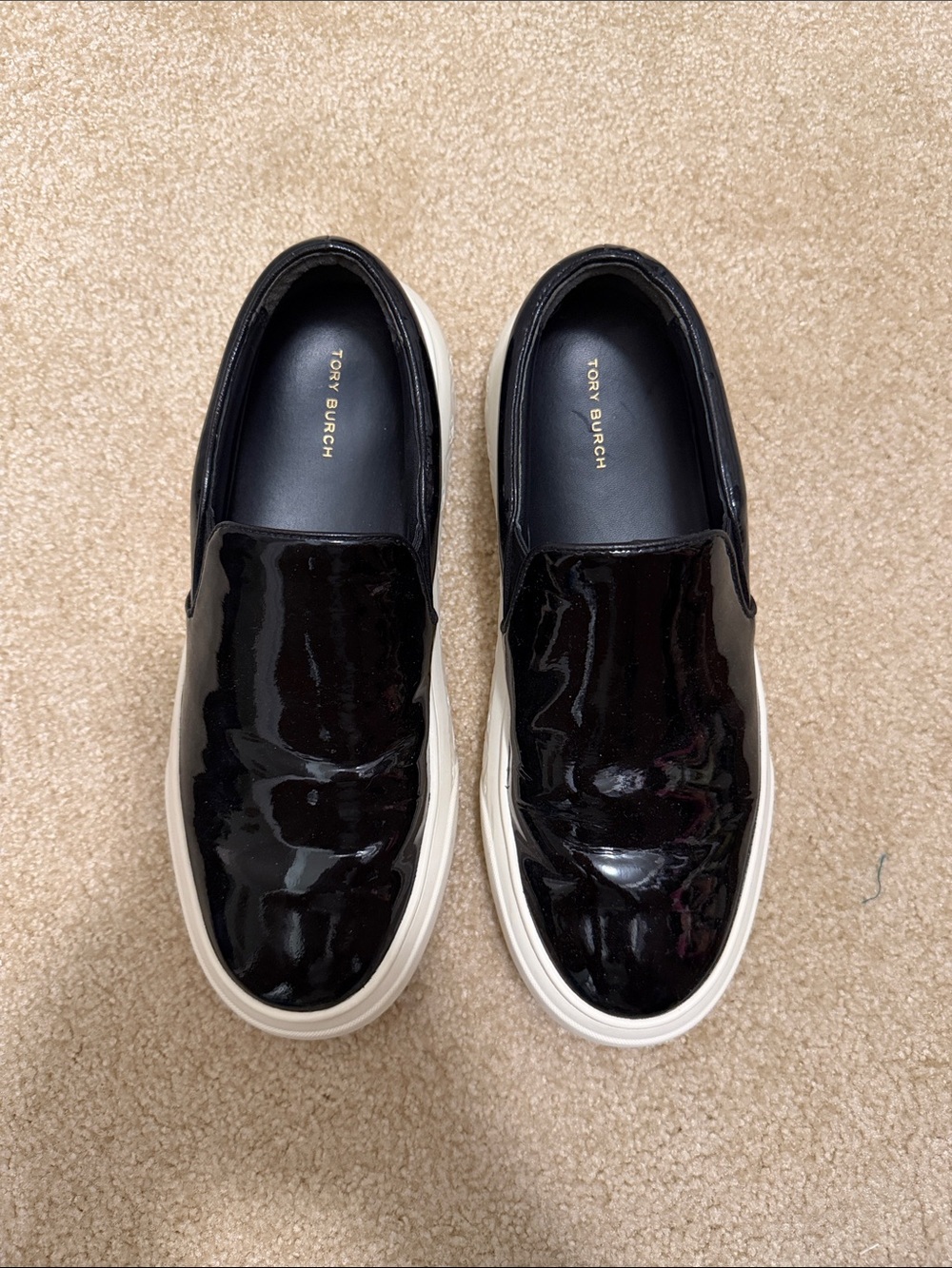 Tory Burch Black Patent Leather Slip-On Sneakers with White Sole